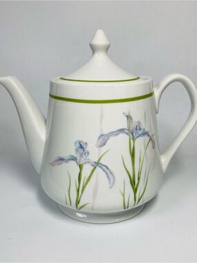Shadow Iris Corelle Porcelain White Teapot with Iris Floral Design & Green trim